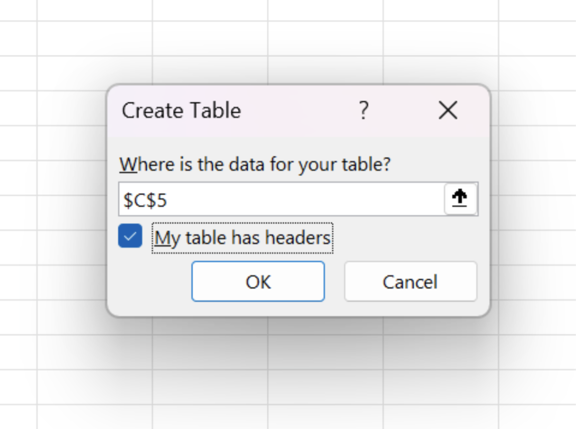 Excel'deki Tablo Oluştur penceresinde Tablomda başlıklar var kutusunun işaretlenmesi