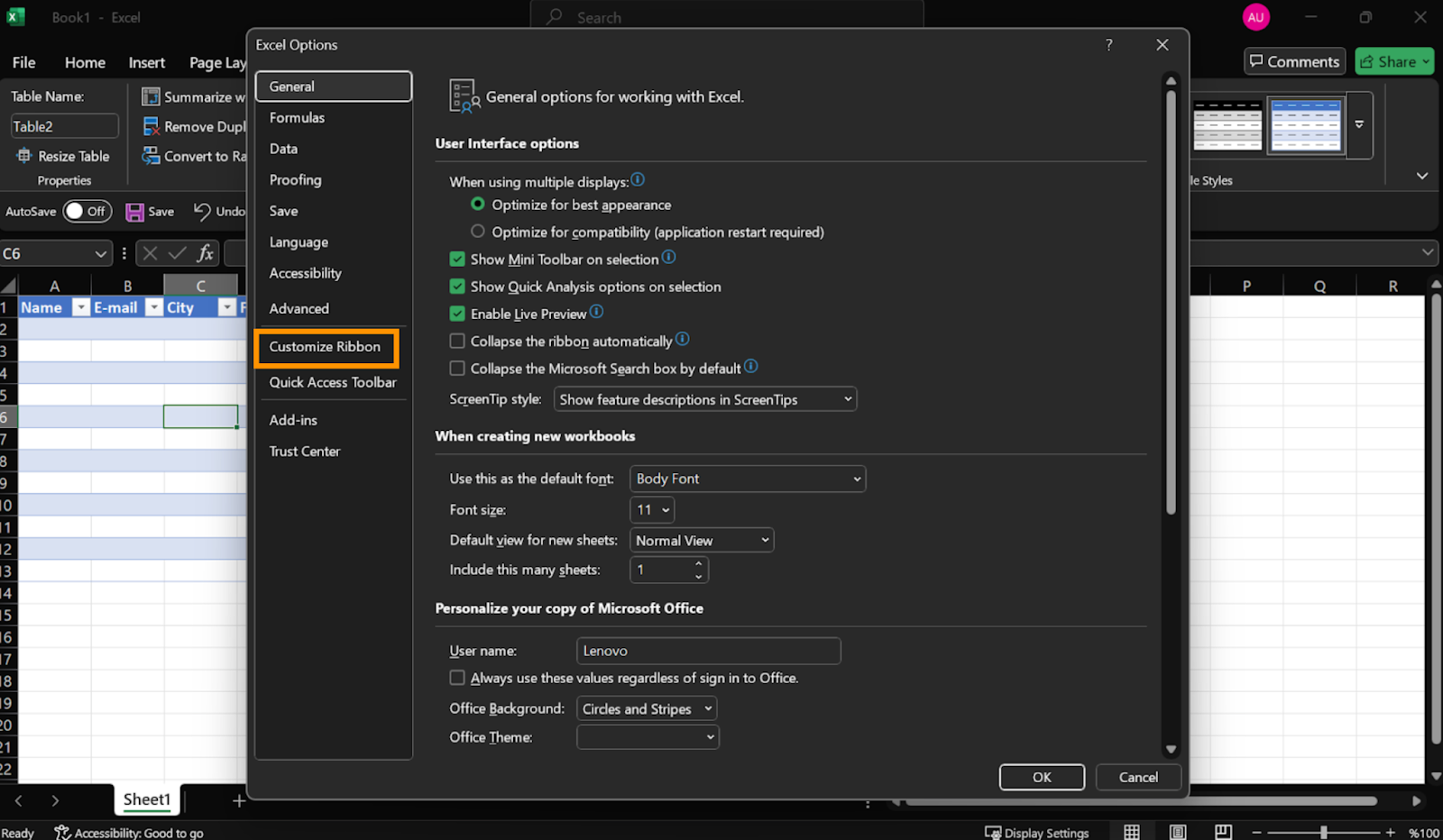 Excel Seçenekleri Penceresi altında Şeridi Özelleştir seçeneğine tıklama