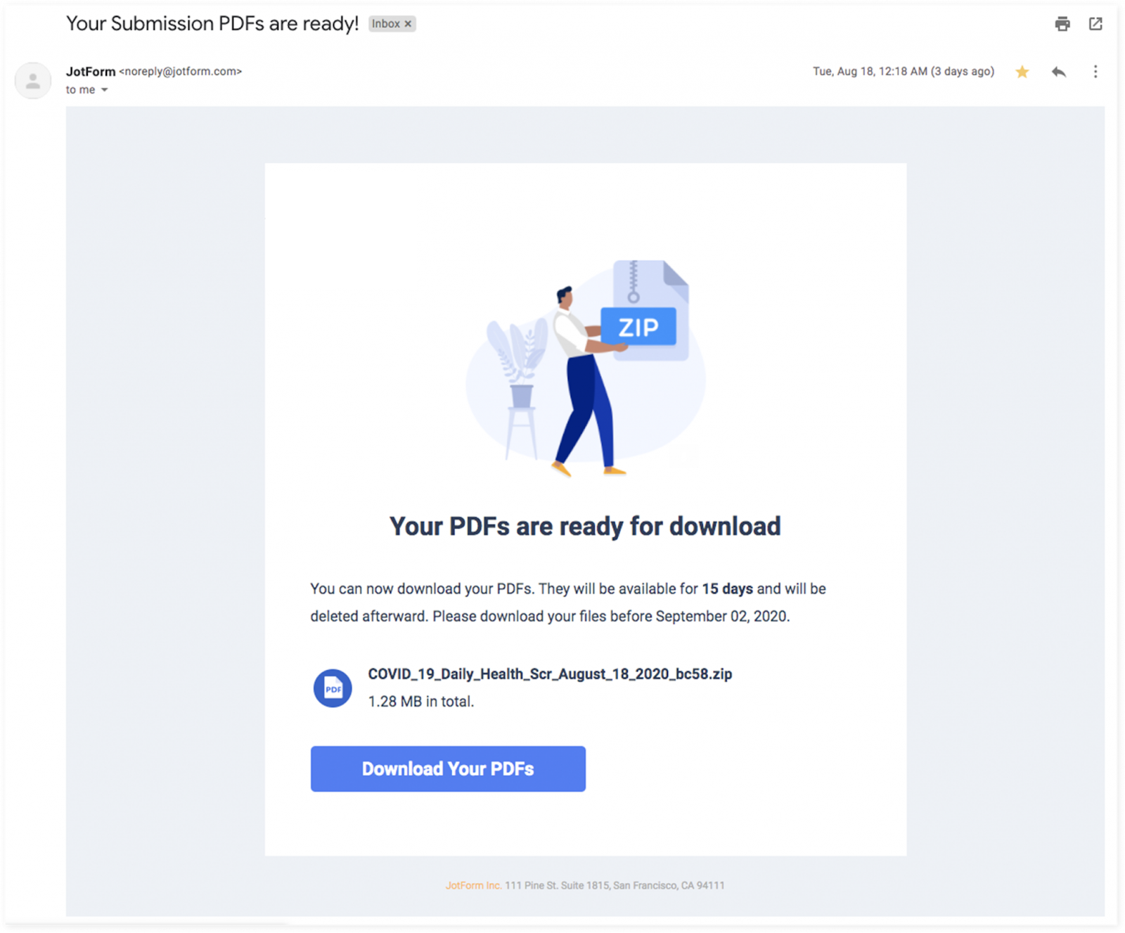 "PDF Pengajuan Anda sudah siap!" Pesan dari Kotak Masuk Jotform di Email