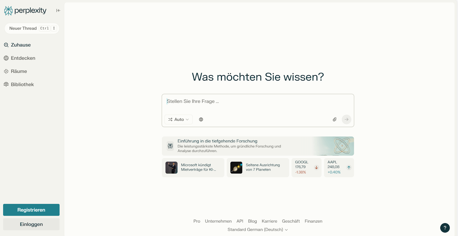 Landingpage von Perplexity