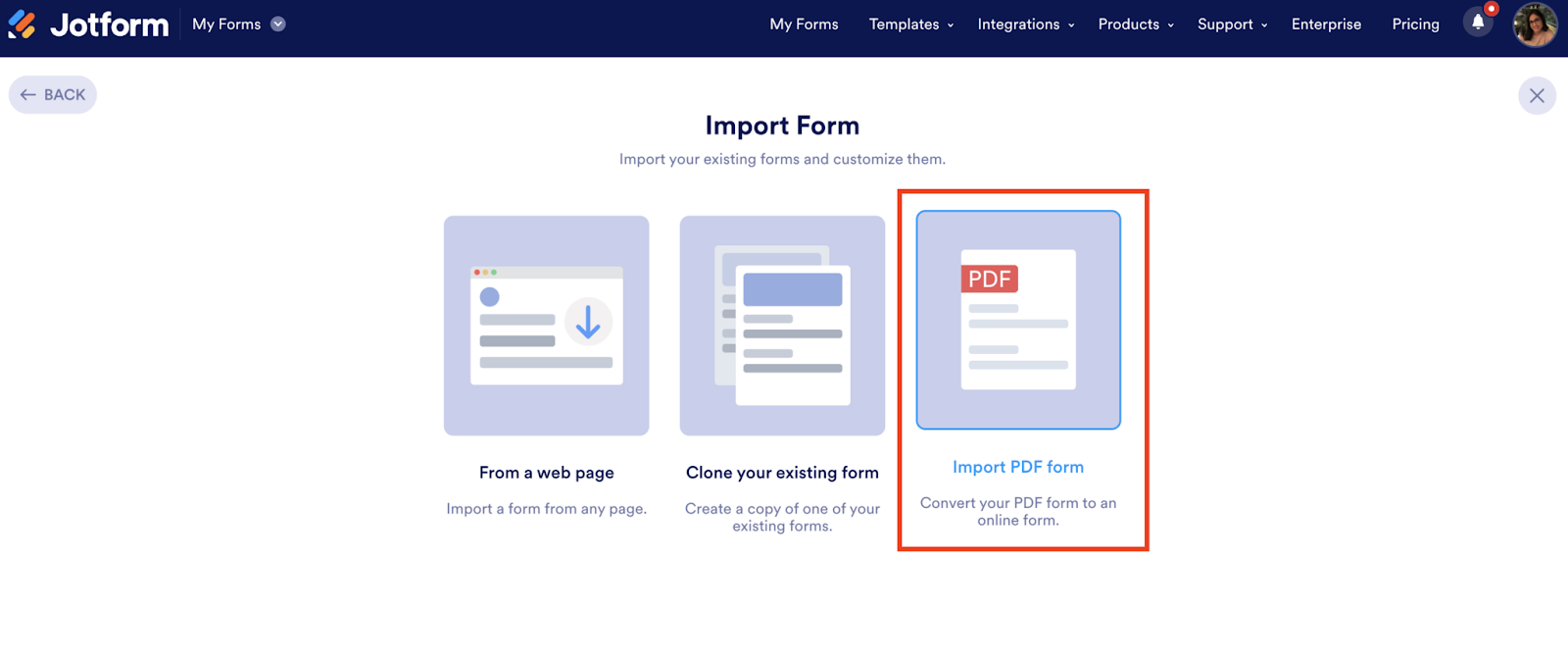 Memilih Formulir Impor PDF di Halaman Formulir Impor