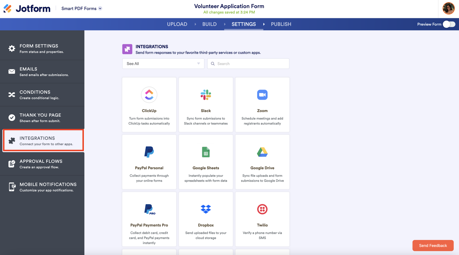 Di Jotform Smart PDF Forms Builder, di bawah Pengaturan, klik opsi Integrasi