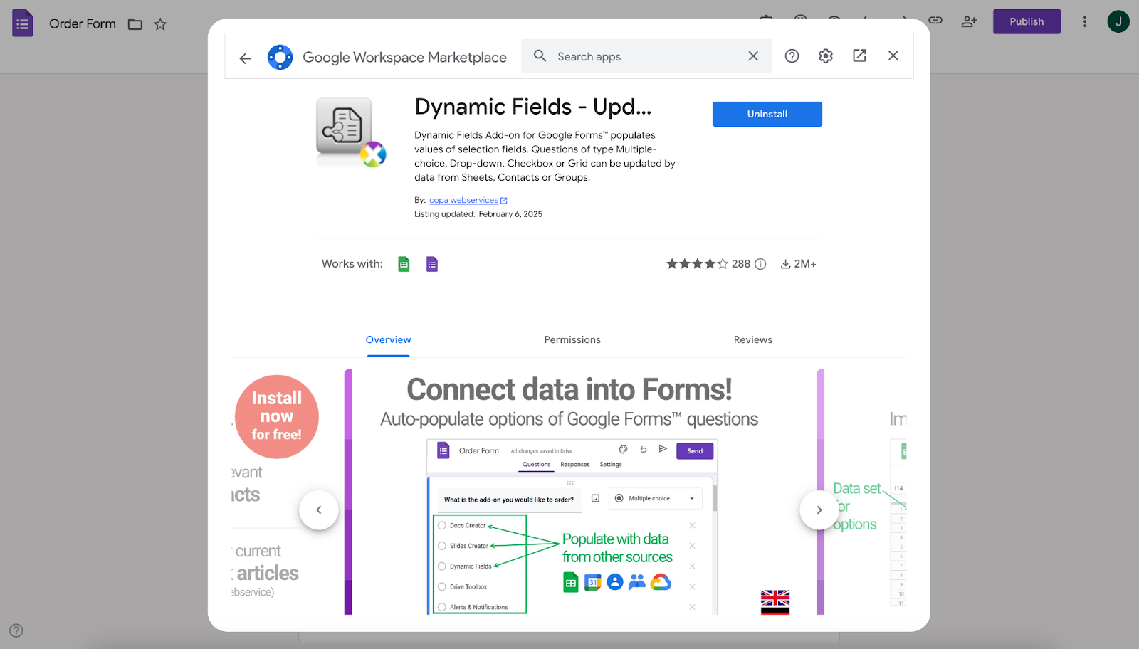 Viewing Dynamic Fields add-on window on Google Workspace Marketplace