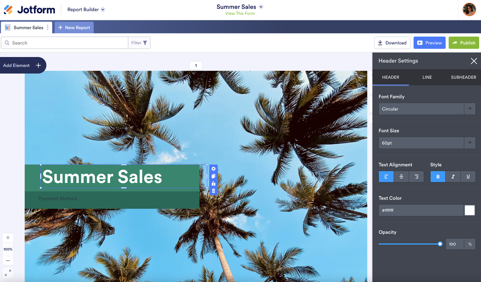 Tangkapan Layar Pengaturan Header Tampilan Report Builder