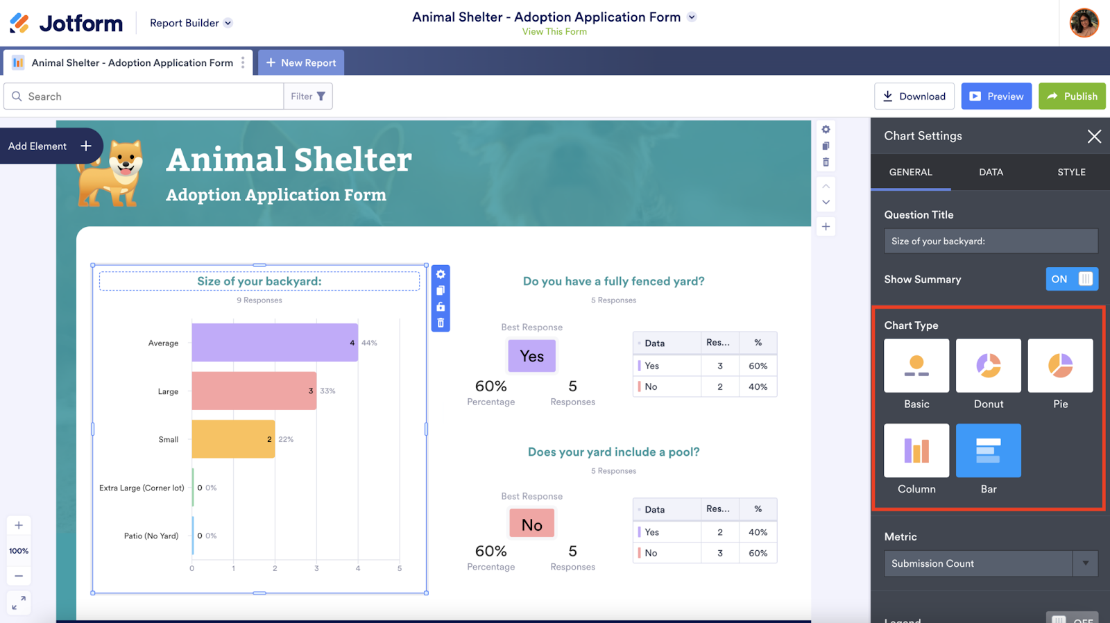 Tangkapan Layar Tampilan Jenis Bagan Report Builder di Pengaturan Bagan