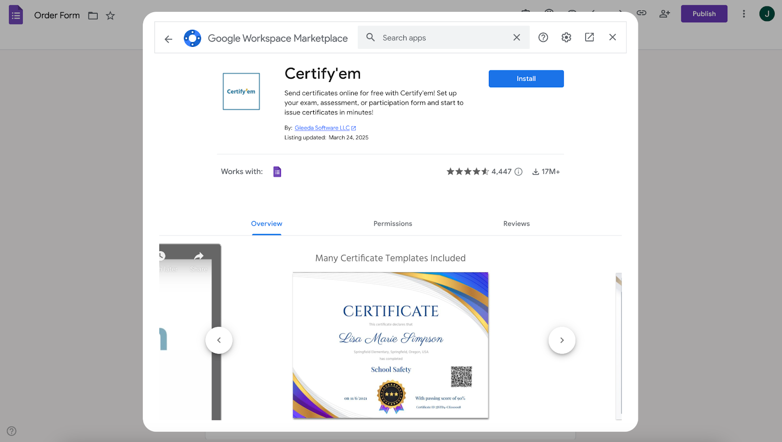 Viewing Certify’em add-on window on Google Workspace Marketplace