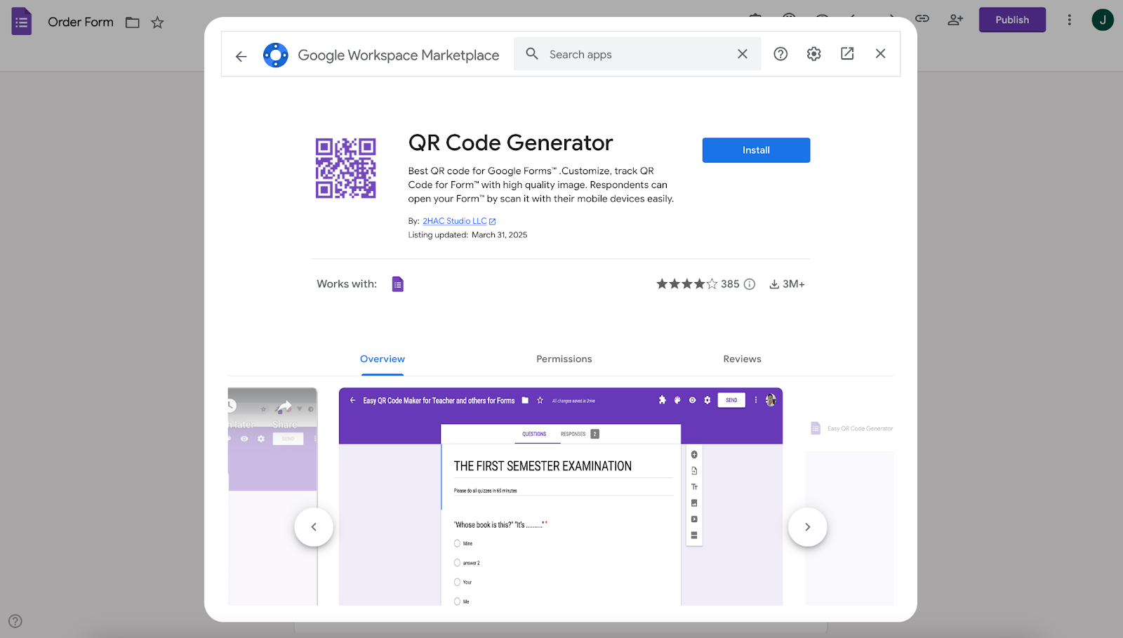Viewing QR Code Generator add-on window on Google Workspace Marketplace