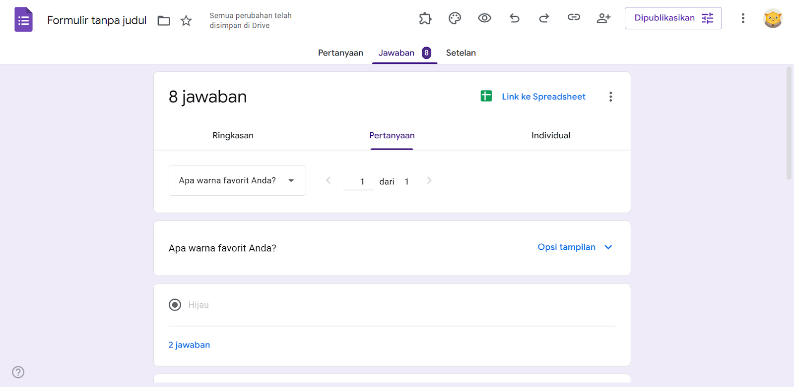 Tangkapan Layar Google Forms Mengklik Respons dan Melihat Tab Pertanyaan