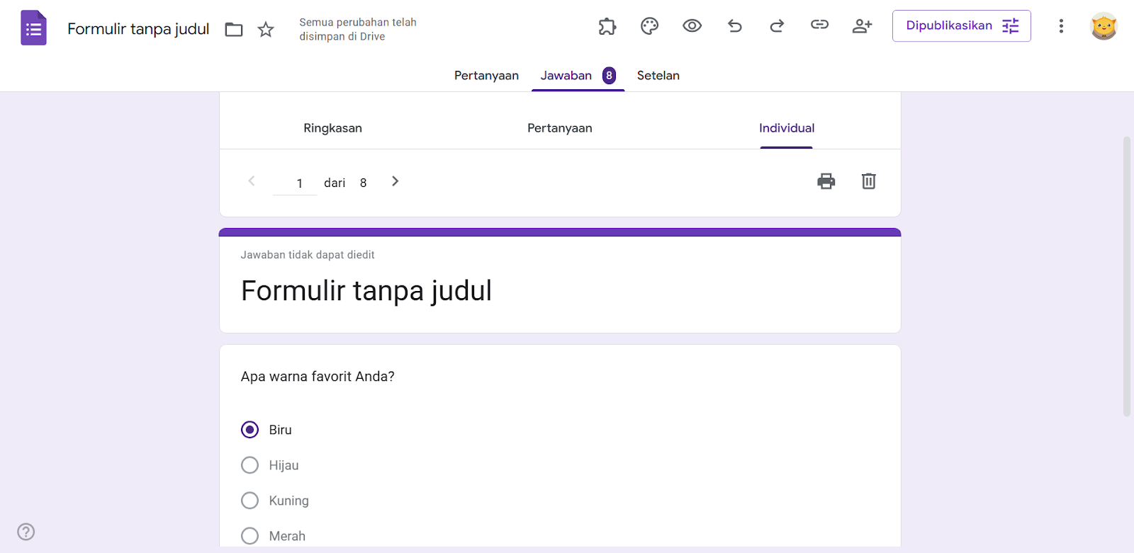 Tangkapan Layar Google Forms Mengklik Respons dan Melihat Tab Individual