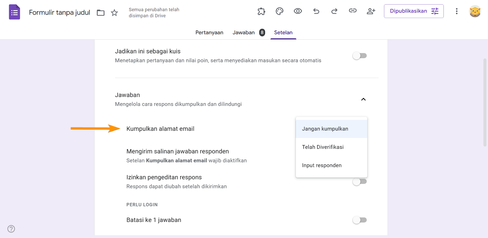 Tangkapan Layar Tab Pengaturan Google Forms Mengklik Kumpulkan Alamat Email