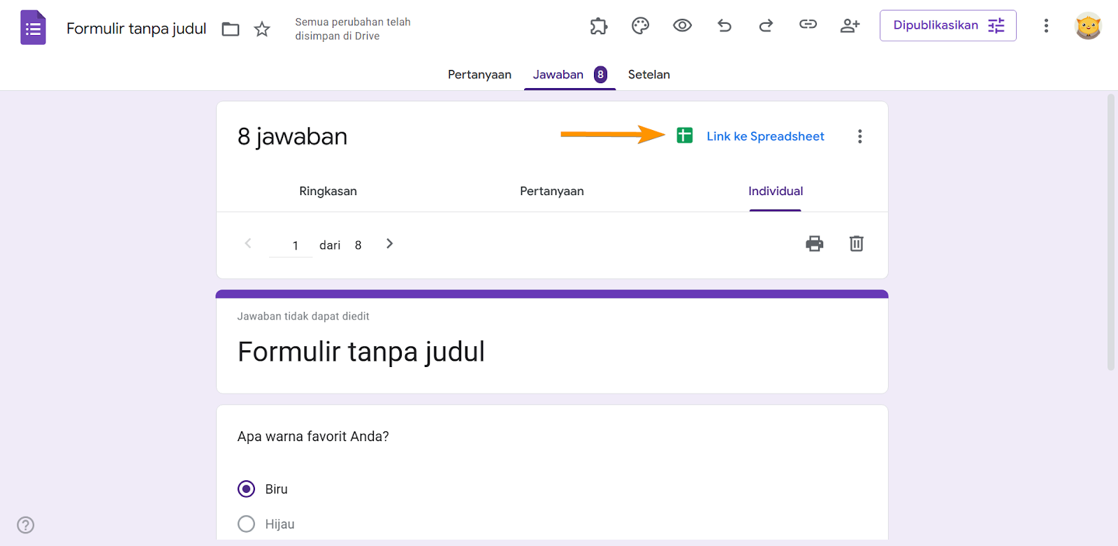 Tangkapan Layar Tab Respons di Google Forms Mengklik Tautan ke Sheets