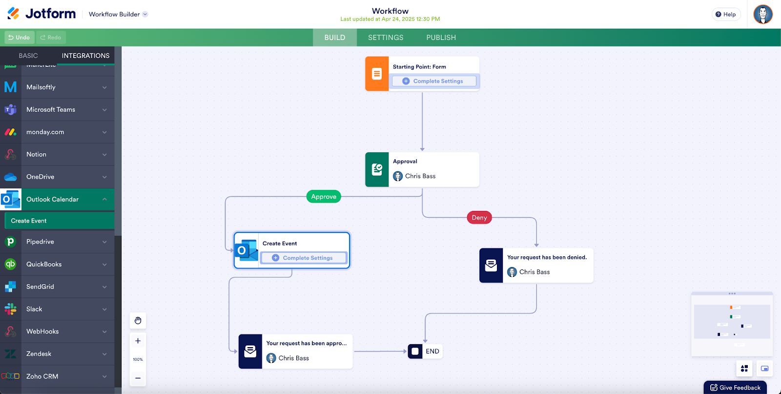 Adding the Outlook Calendar integration to a workflow
