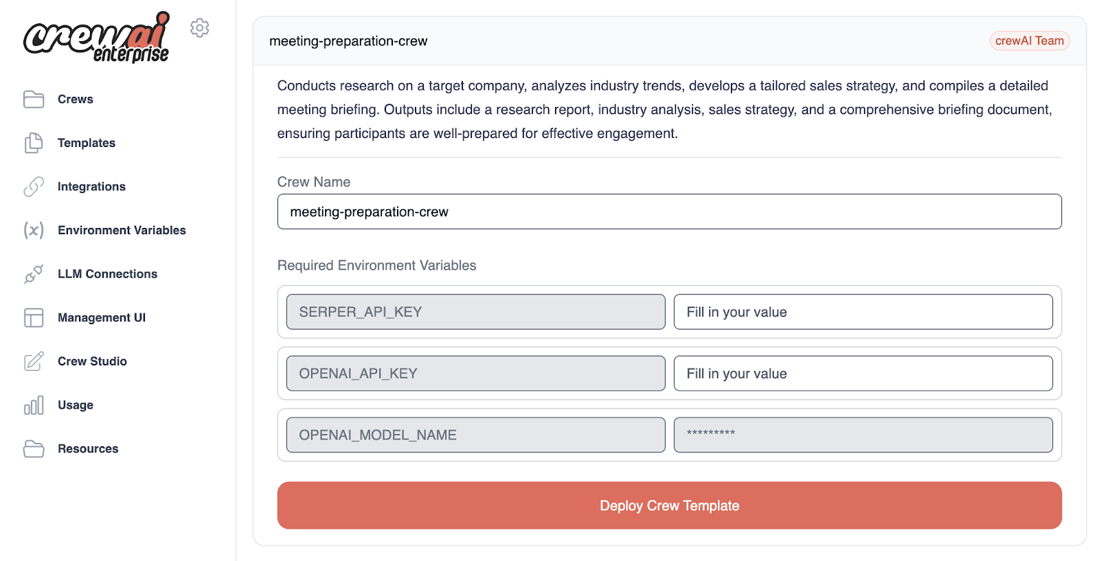 Interface de l’assistant IA de préparation des réunions de CrewAI