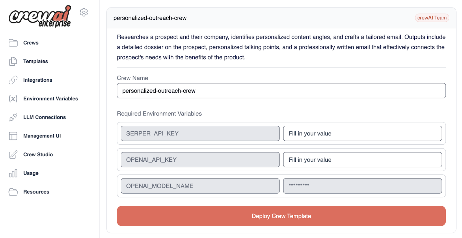 Interface de l’assistant IA de prospection personnalisée de CrewAI