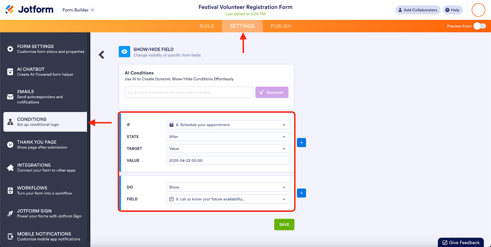 Clicking on the Settings tab and setting a condition in Jotform Form Builder