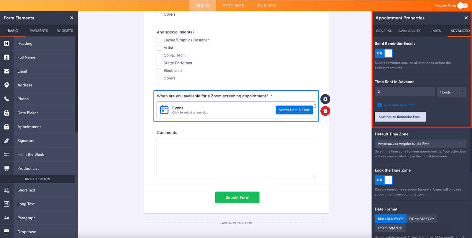 Highlighting the Appointment Properties tab in Jotform Form Builder