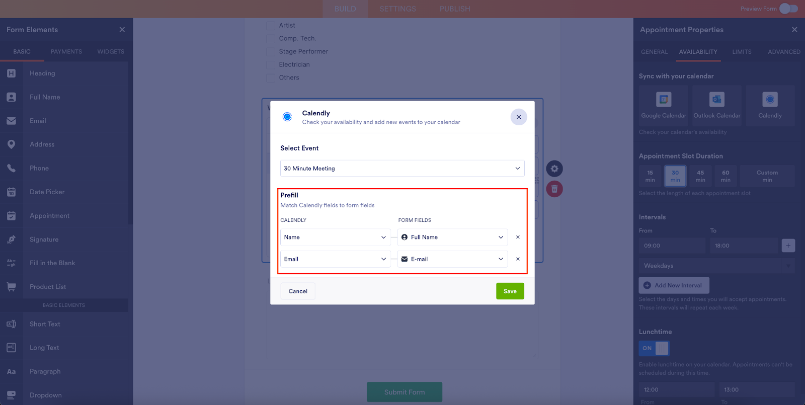 Highlighting the Prefill option and viewing the form fields mapped to the Calendly event fields