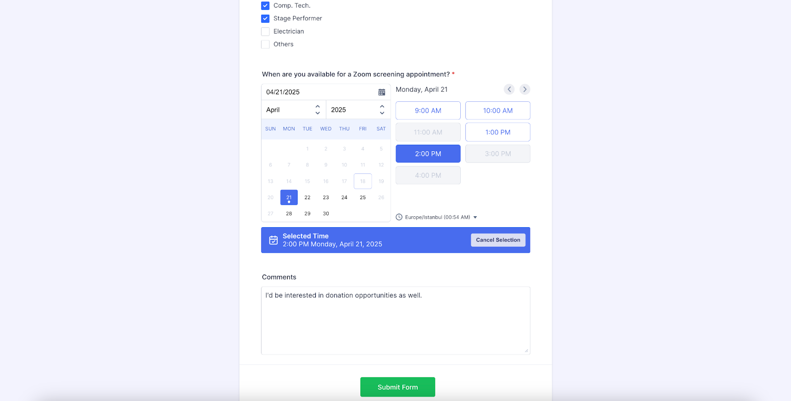 Selecting an appointment time on Jotform Form Builder
