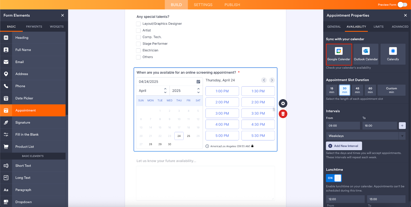 Selecting the Google Calendar option under the "Sync with your calendar" options in the Appointment Properties window