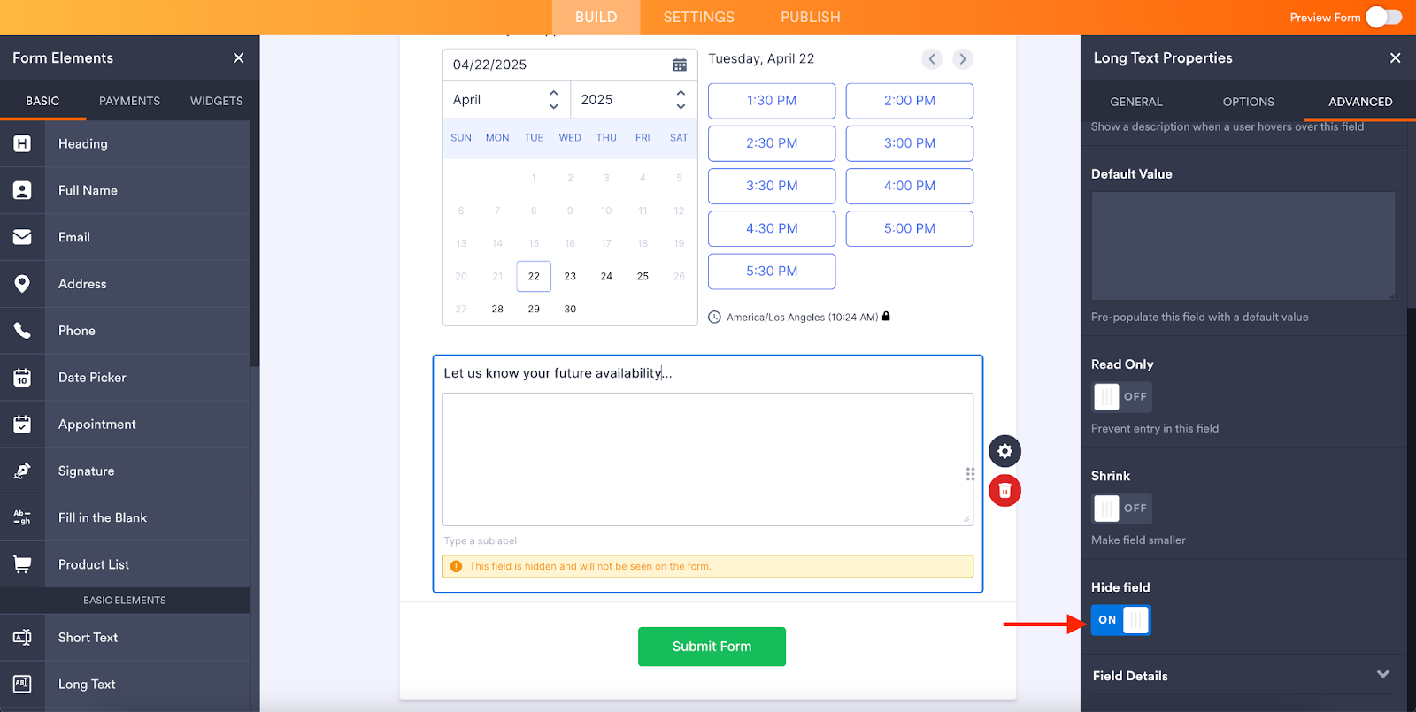 Toggling the Hide field option to on in Jotform Form Builder