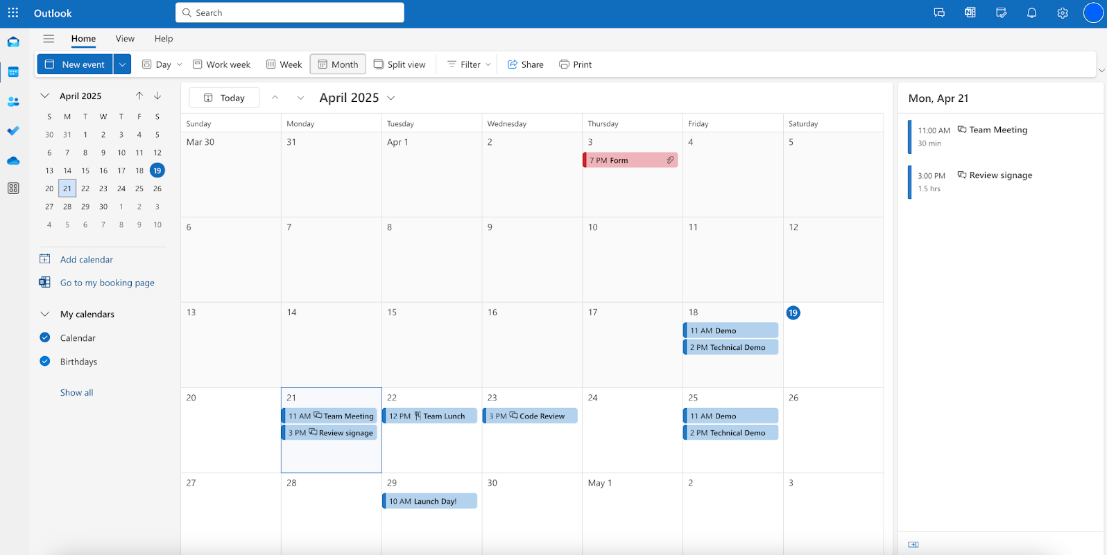 User Interface of Outlook Calendar