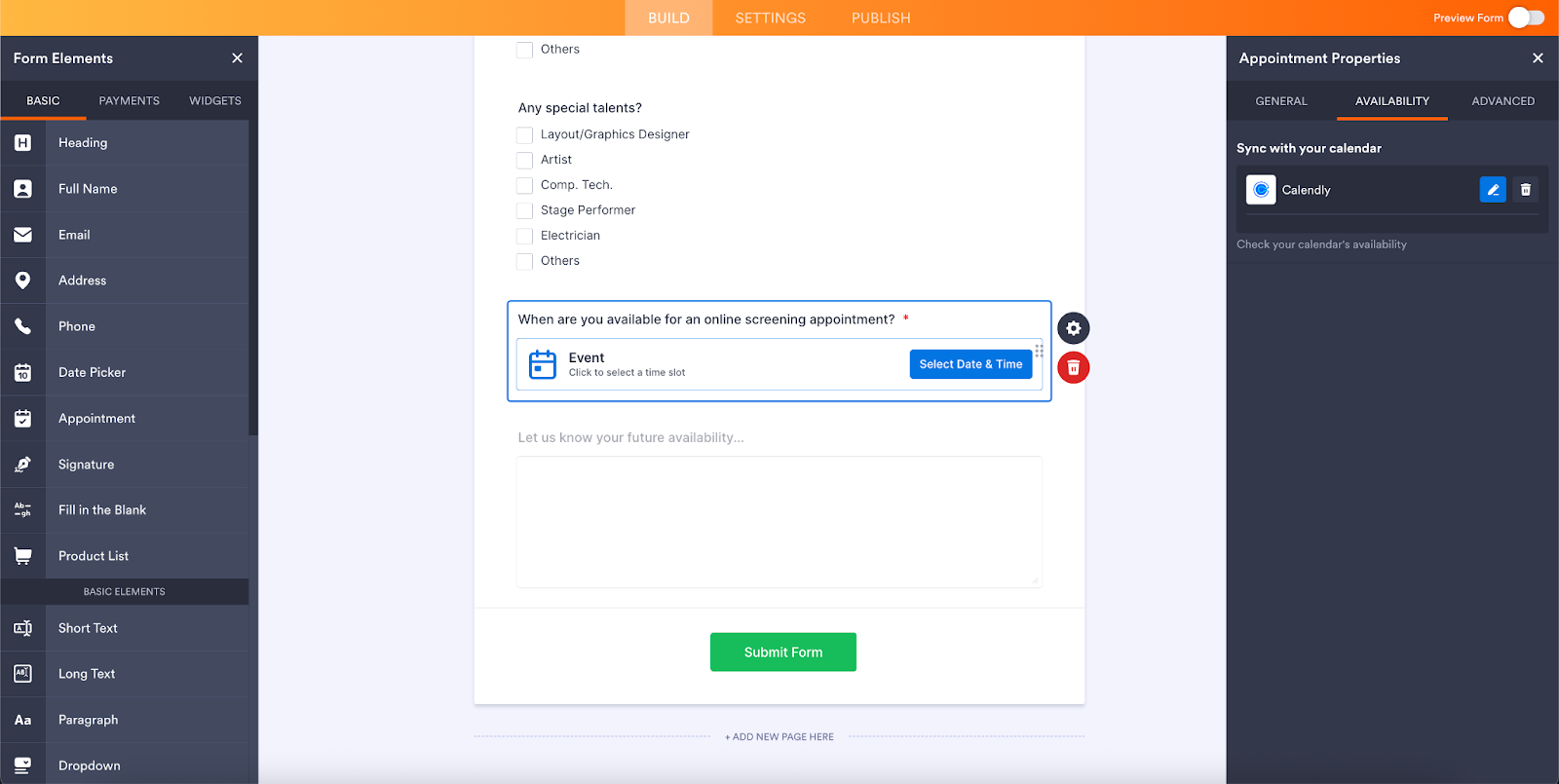 Viewing the Appointment form field connected to Calendly in Jotform Form Builder