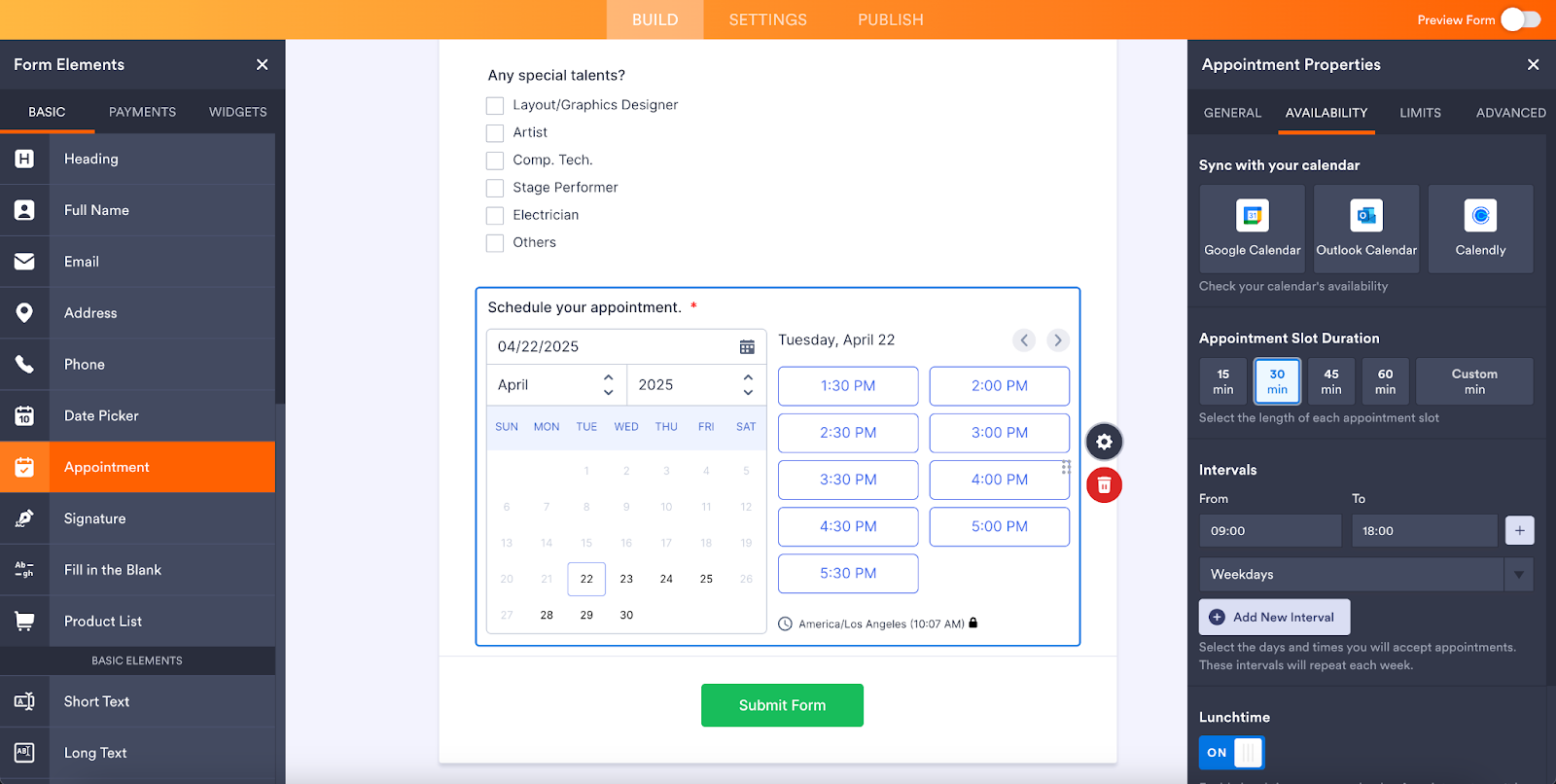 Viewing the Availability tab under the Appointment Properties
