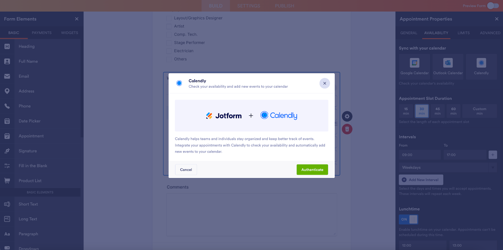 Viewing the Jotform and Calendly integration window