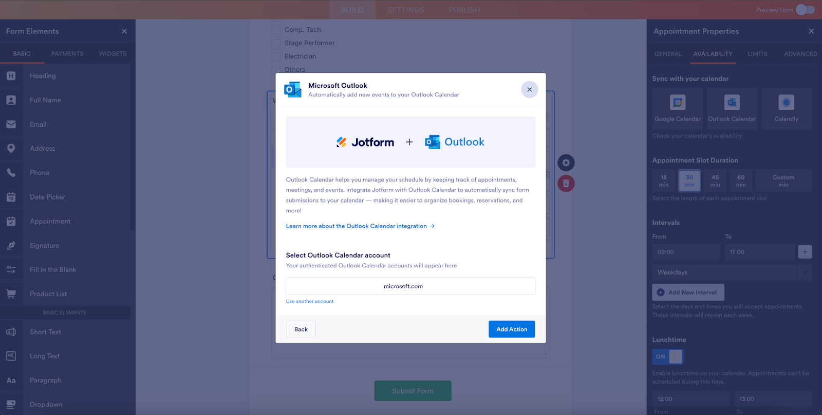 Viewing the Jotform and Microsoft Outlook integration window