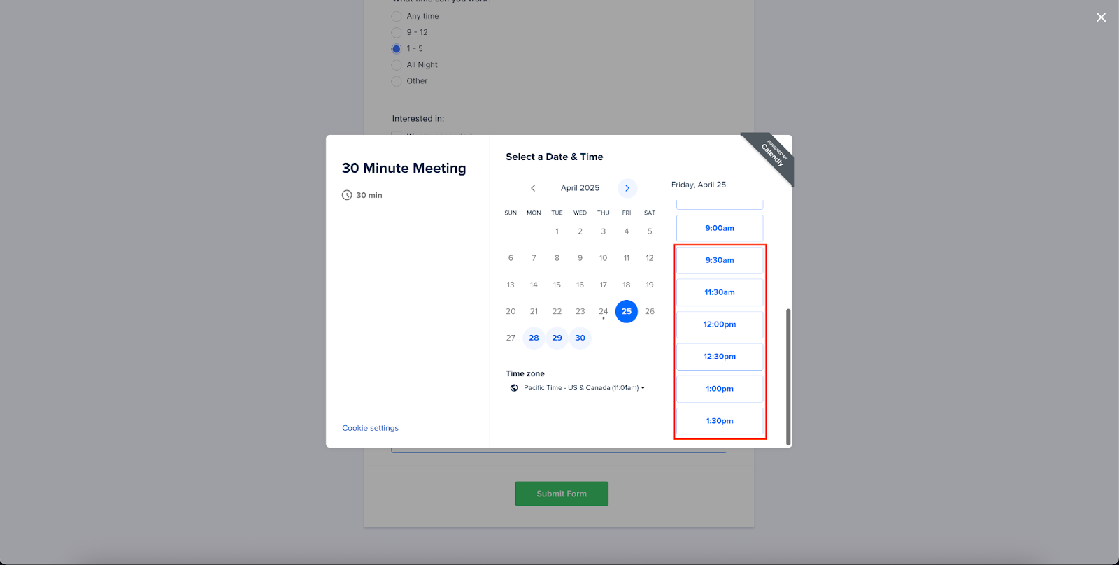 Viewing the available time slots in Calendly