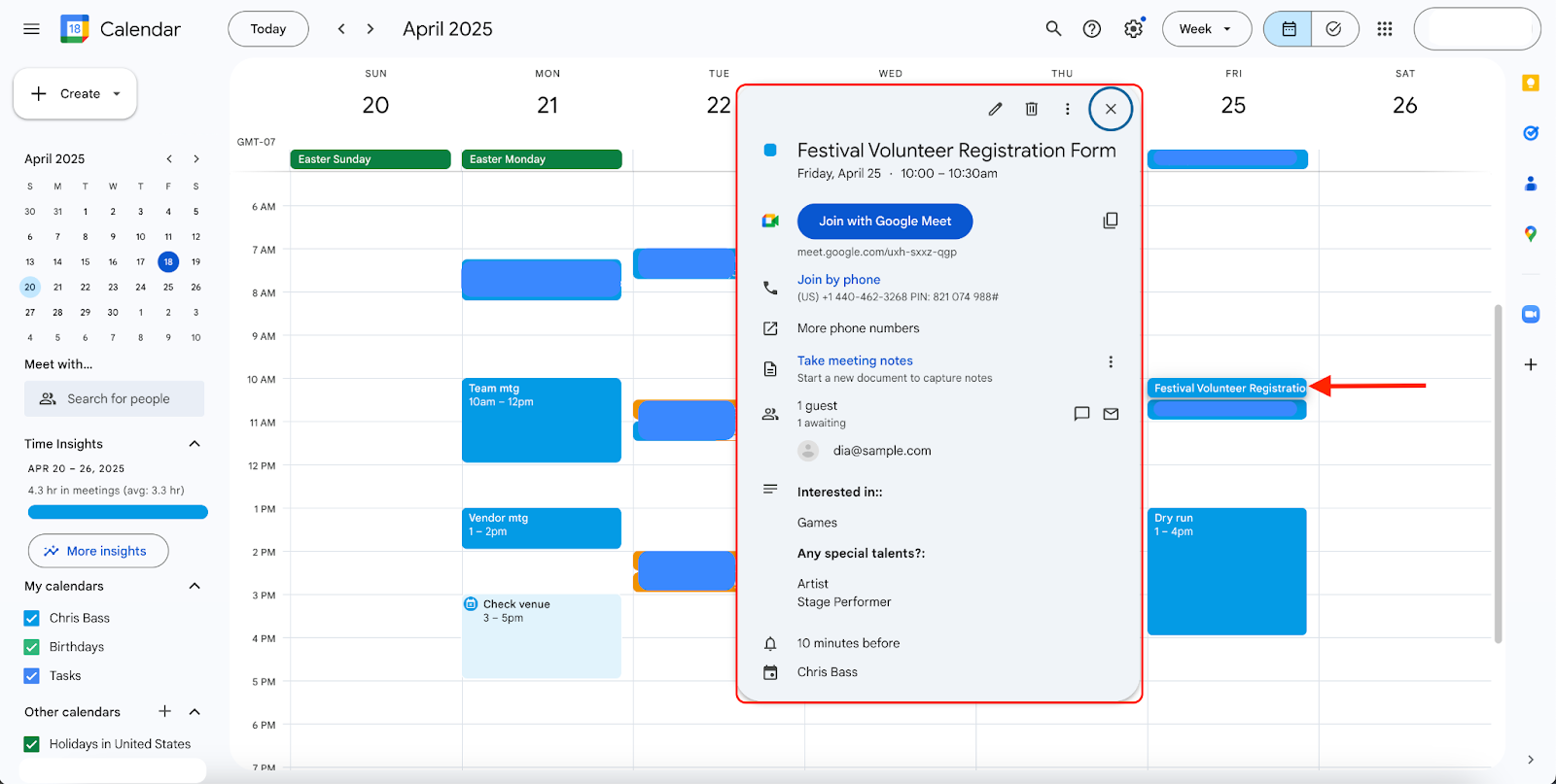 Viewing the event on Google Calendar