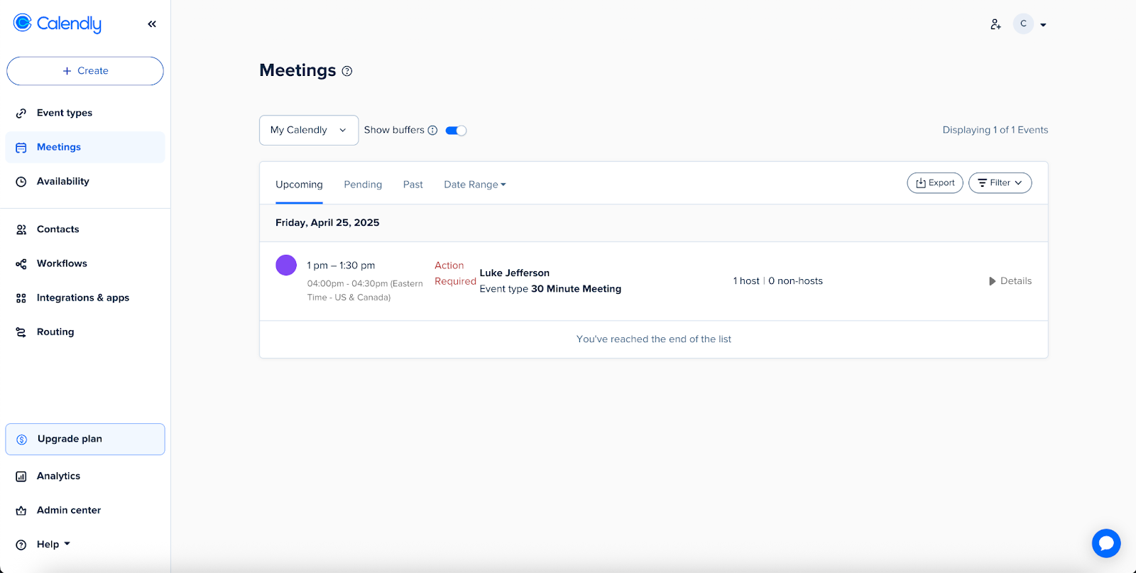 Viewing the new appointment in Calendly