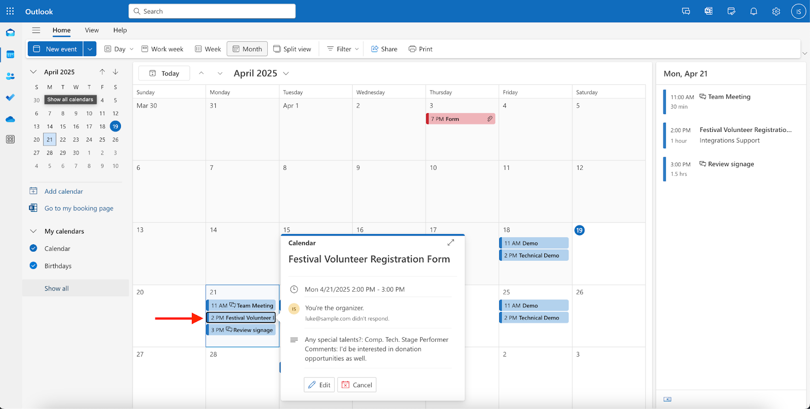 Viewing the submitted event on the Outlook Calendar