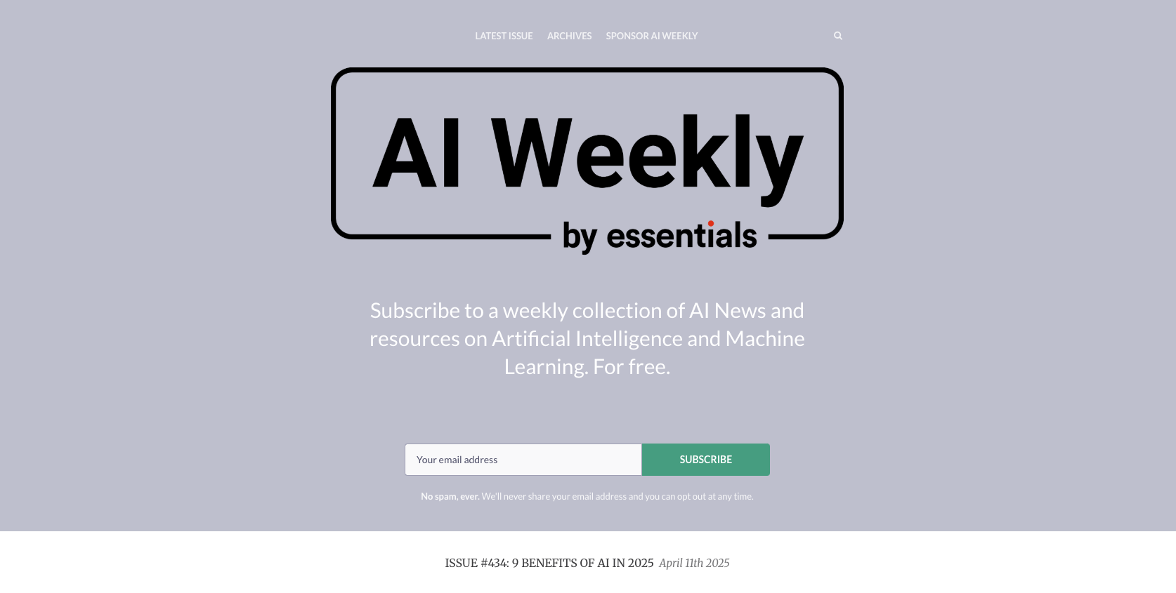 AI Weekly newsletter landing page
