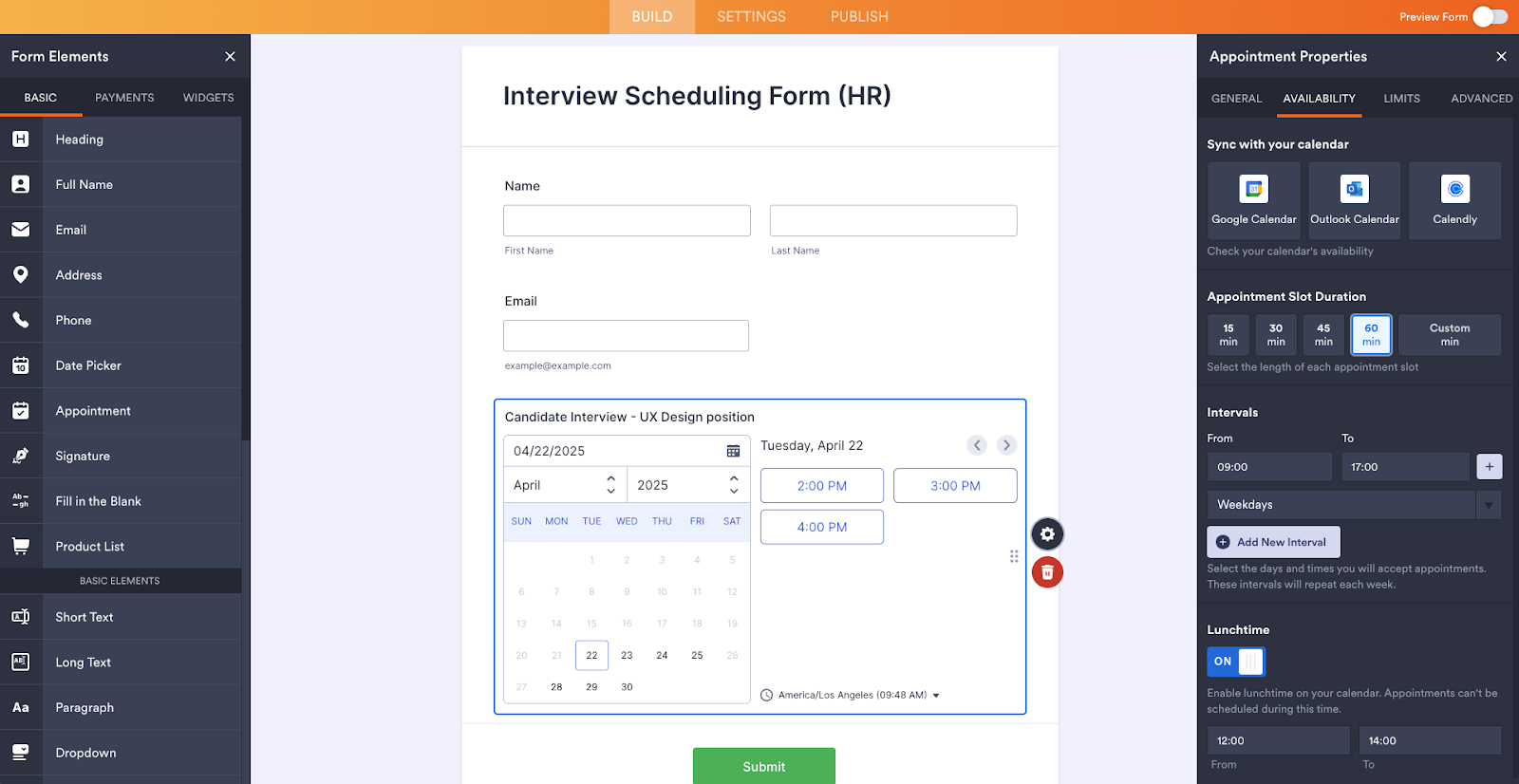 Adding the Appointment Field to the form in the Jotform Form Builder