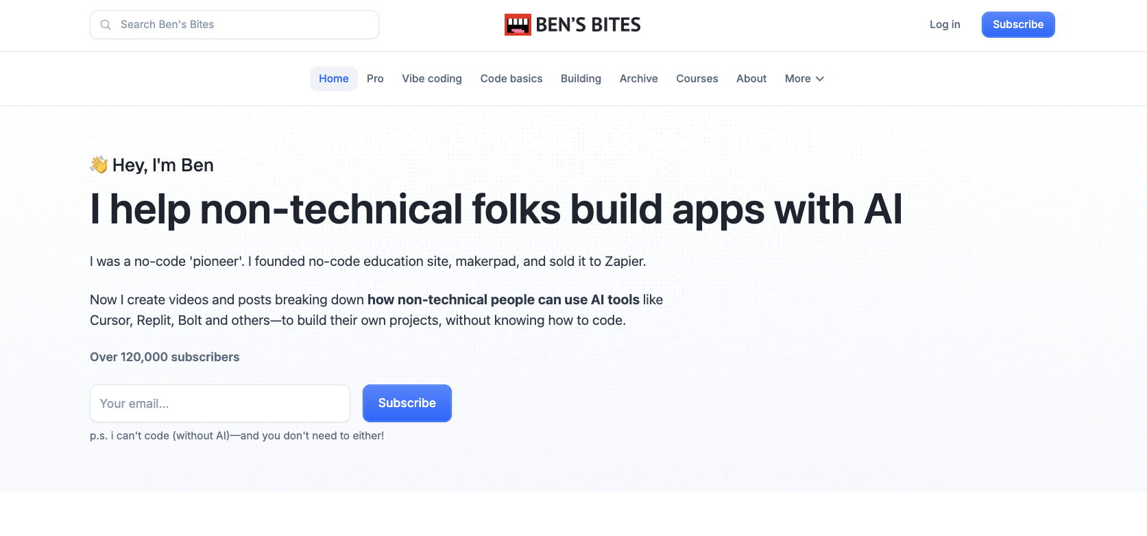 Ben's Bites newsletter landing page