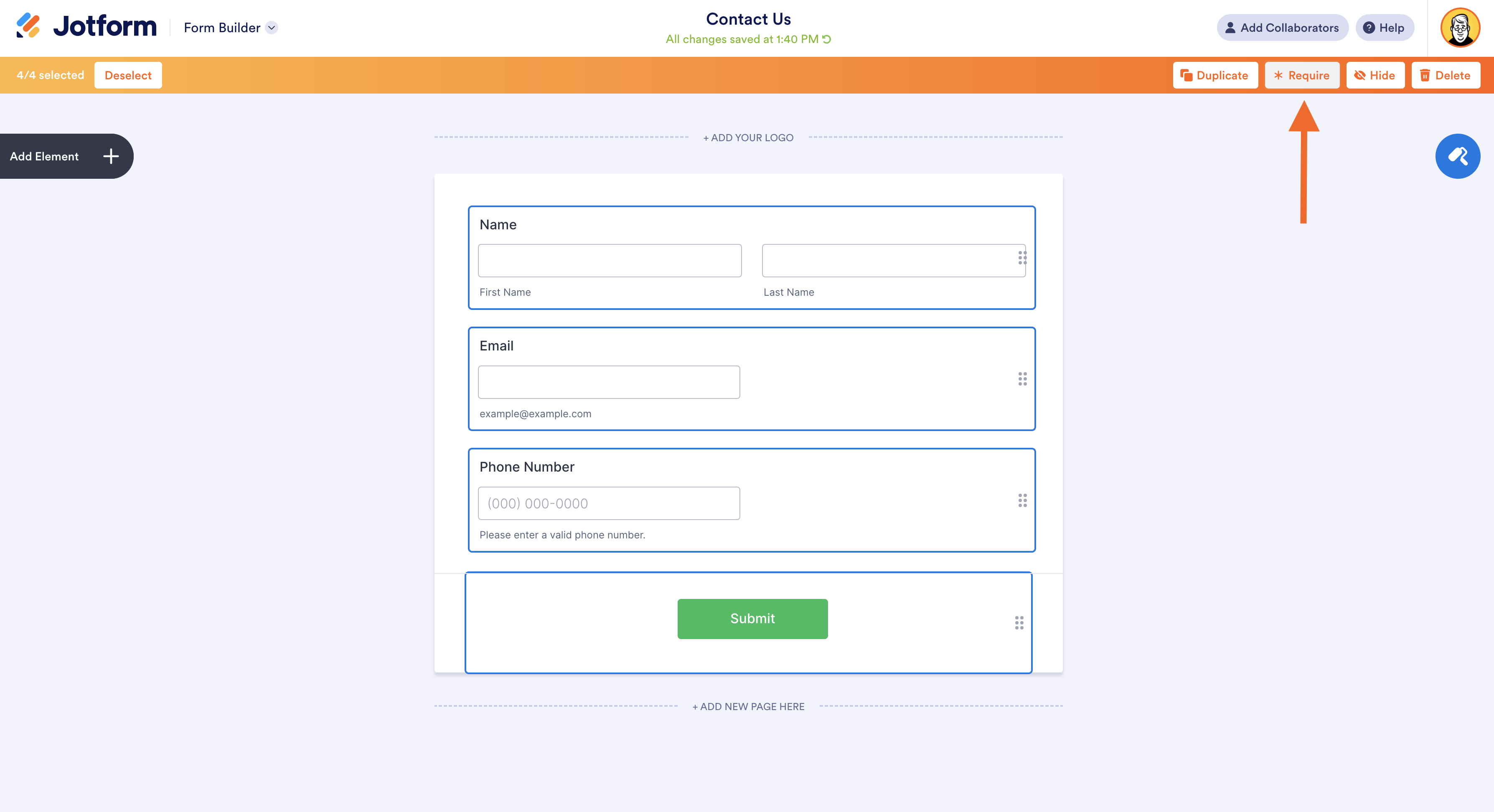 Clicking on the Require button on Jotform Form Builder