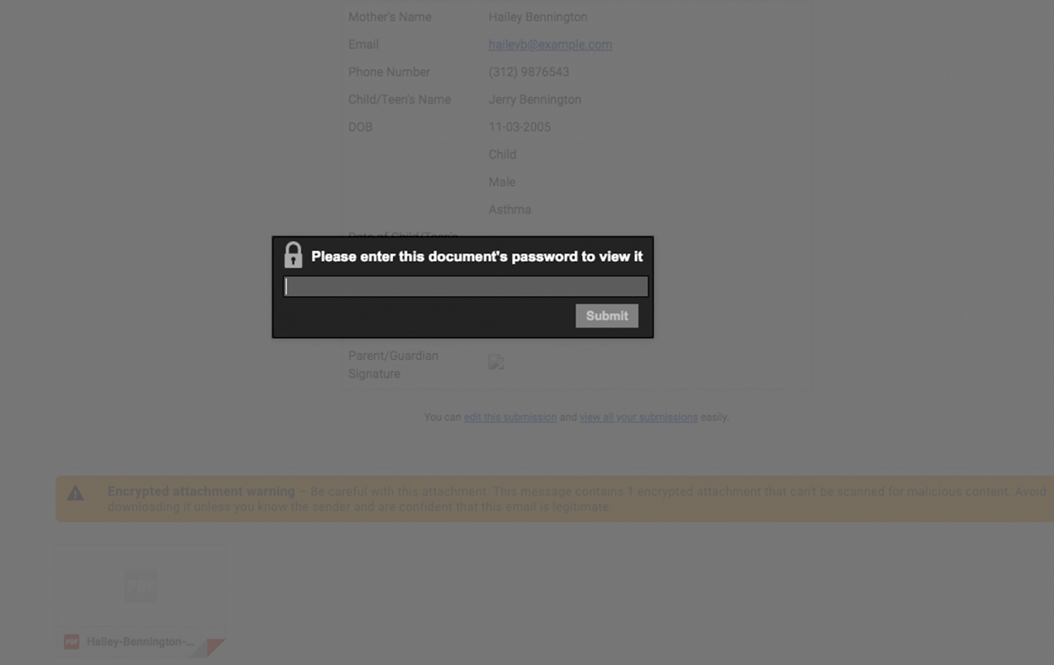 Memasukkan kata sandi dokumen untuk melihat dokumen di Mail