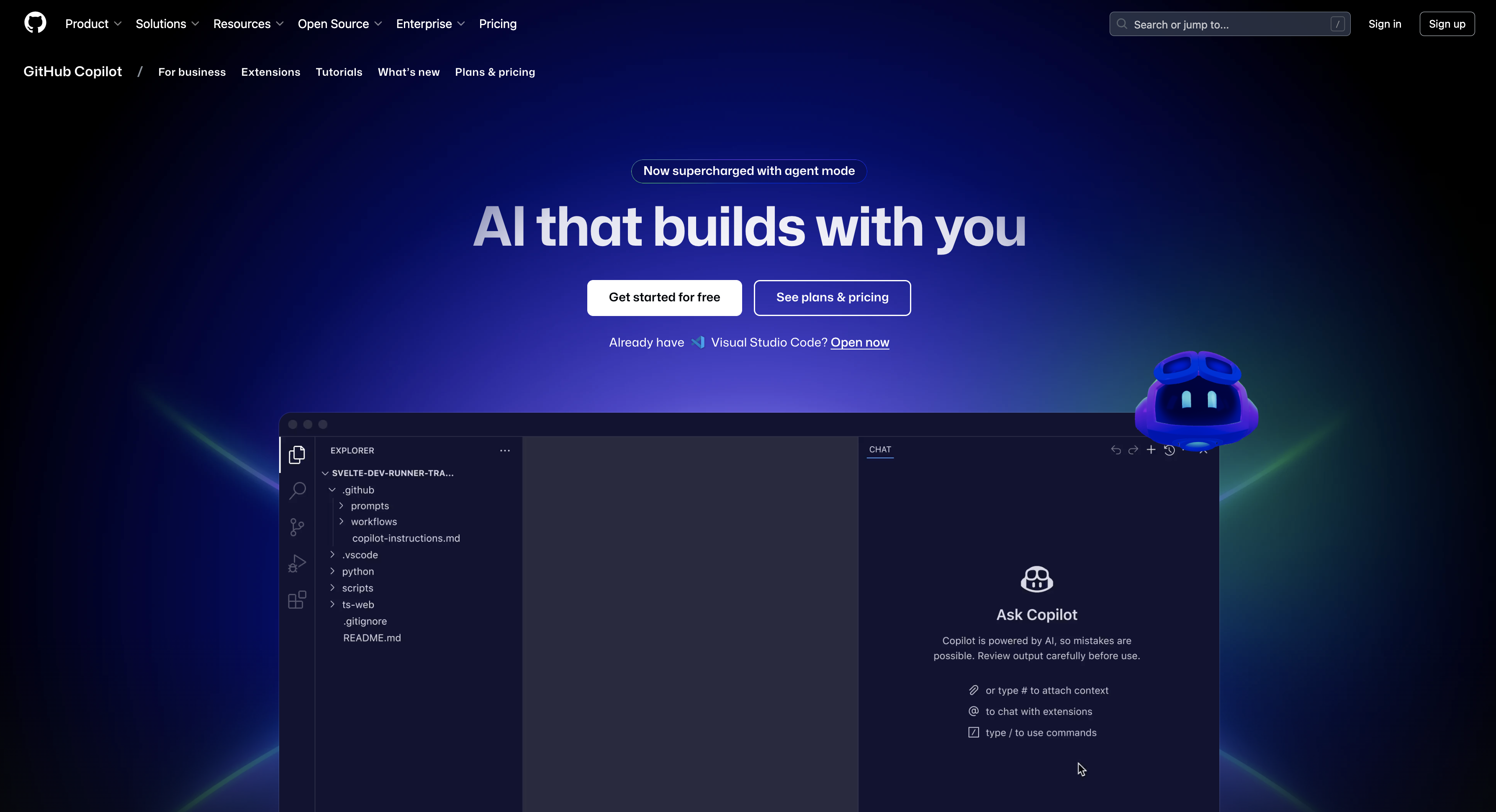 Capture d'écran de la page d'accueil GitHub Copilot