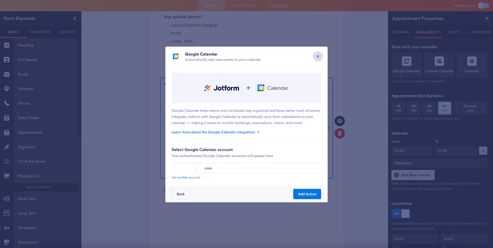 Displaying a window to connect Jotform and Google Calendar