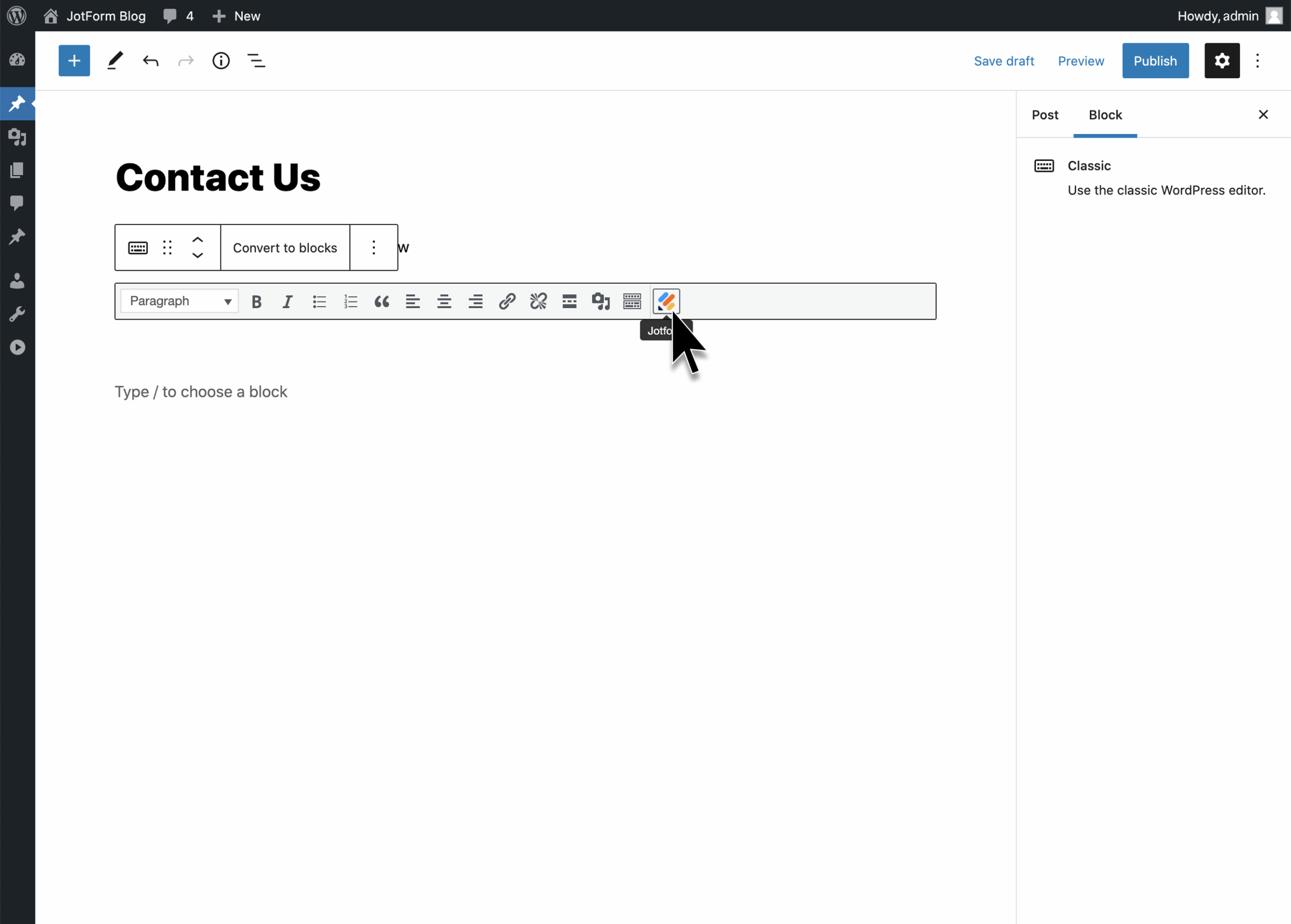 User Interface of Jotform WordPress Online Forms plug-in