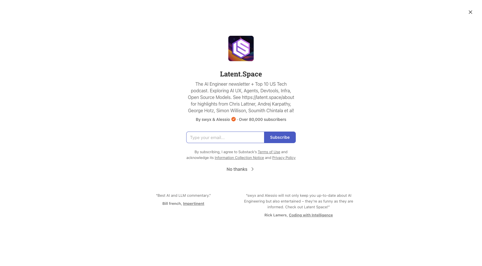 Latent Space newsletter landing page