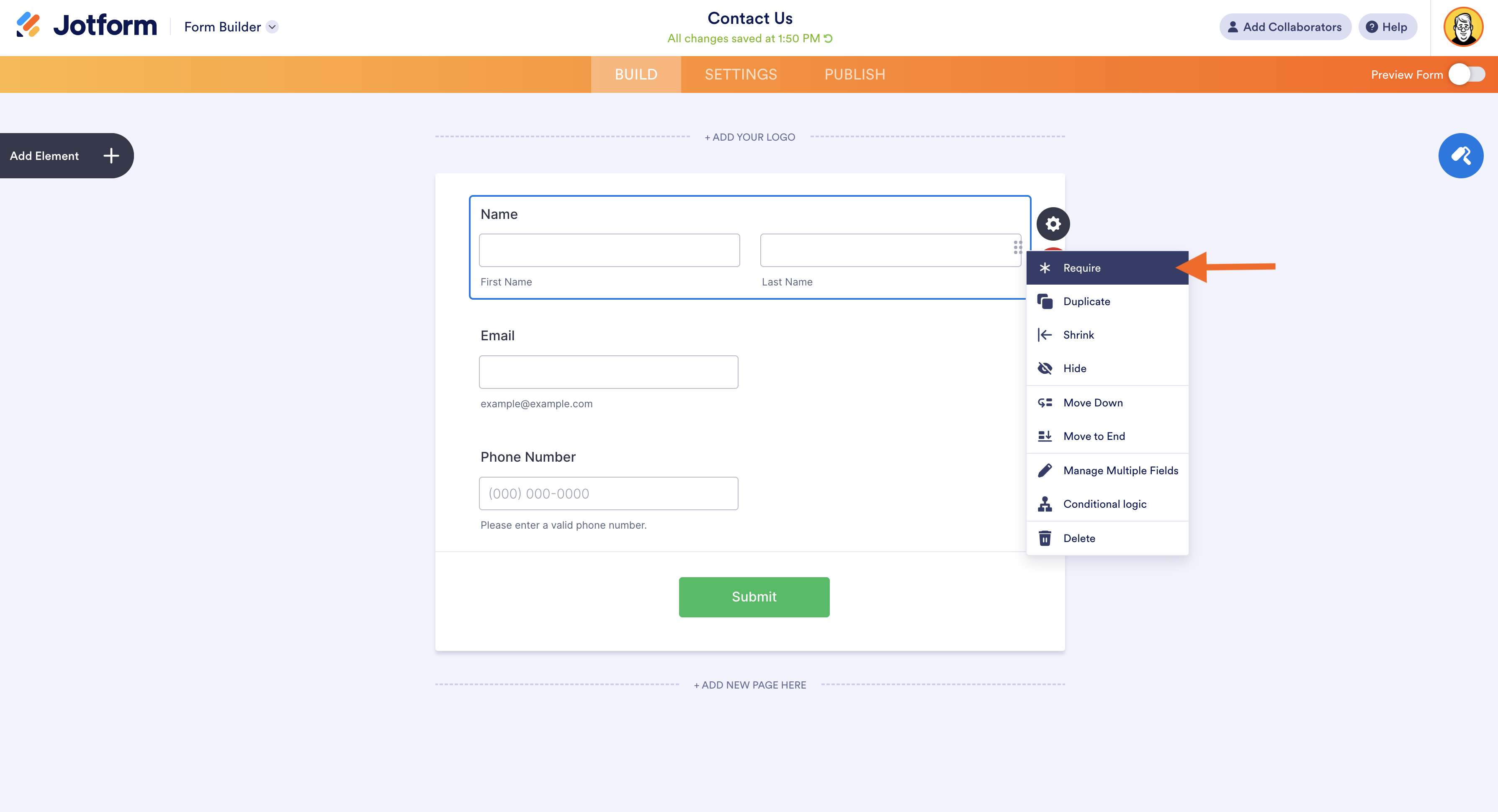 Making a form field required by using the right click