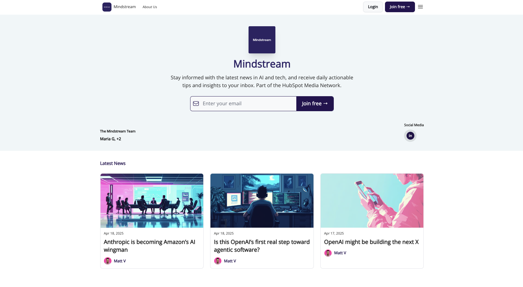 Mindstream newsletter landing page