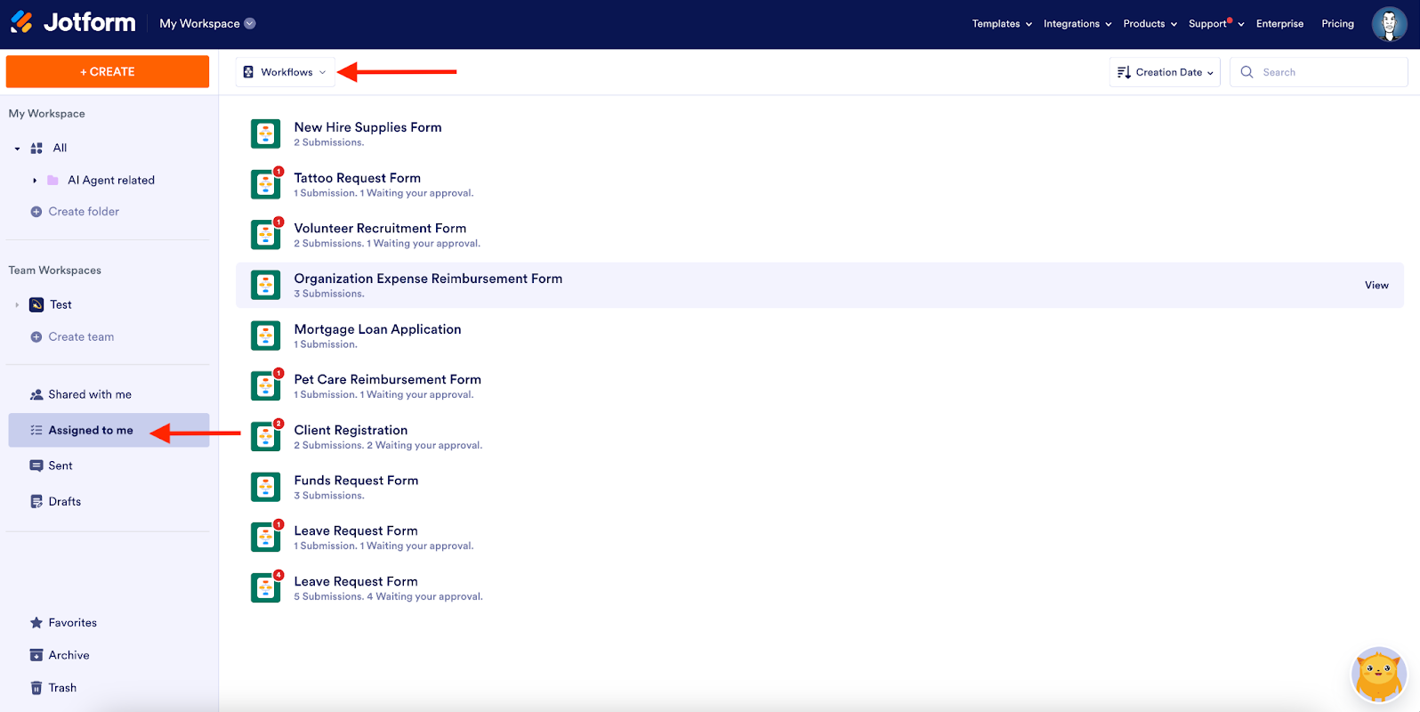 Viewing the other navigation tools in the Jotform My Workspace page