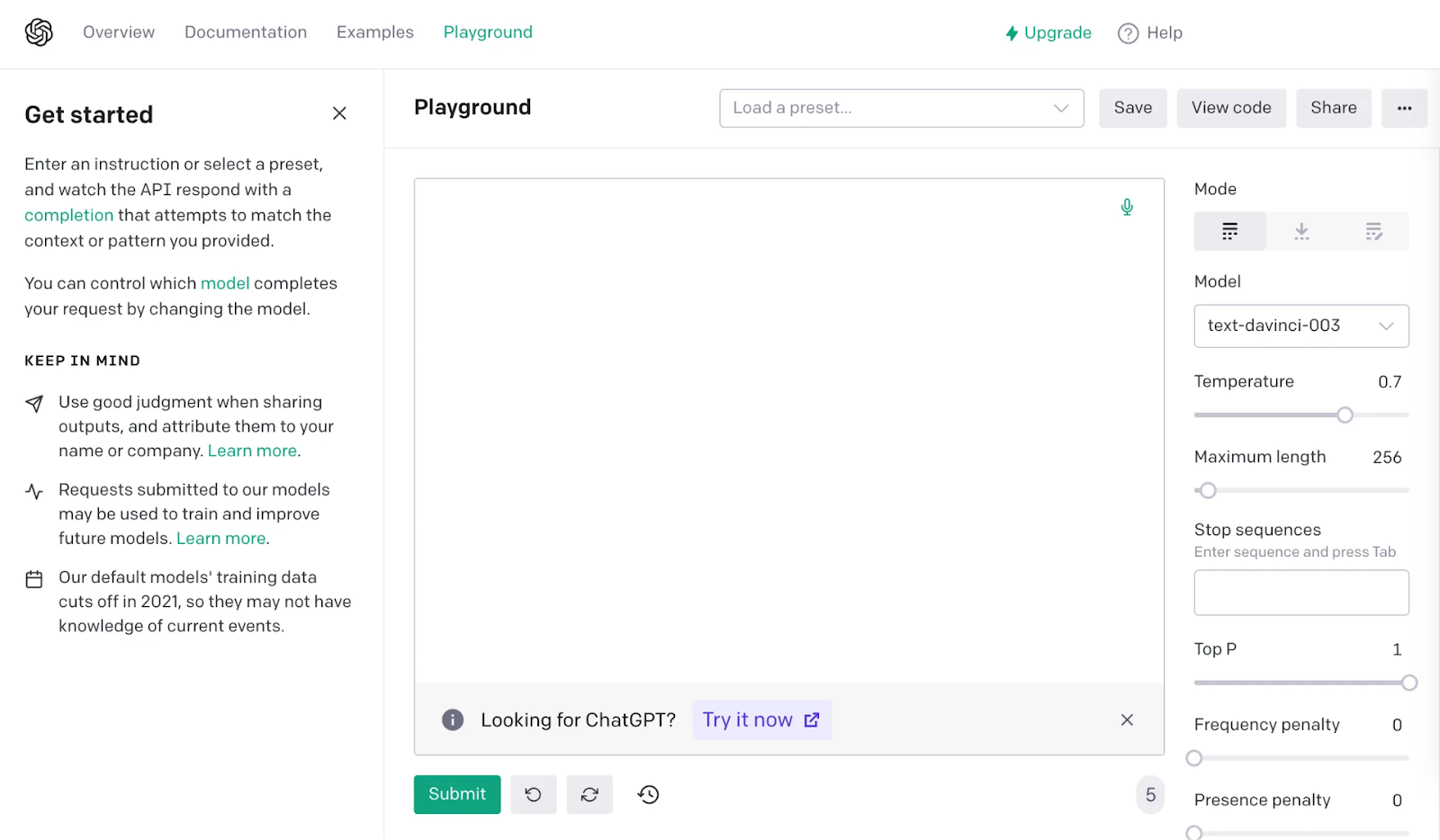 Capture d'écran de l'interface utilisateur d'OpenAI Playground