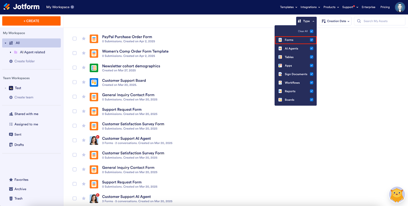Choosing the Forms option in the dropdown menu on My Workspace page