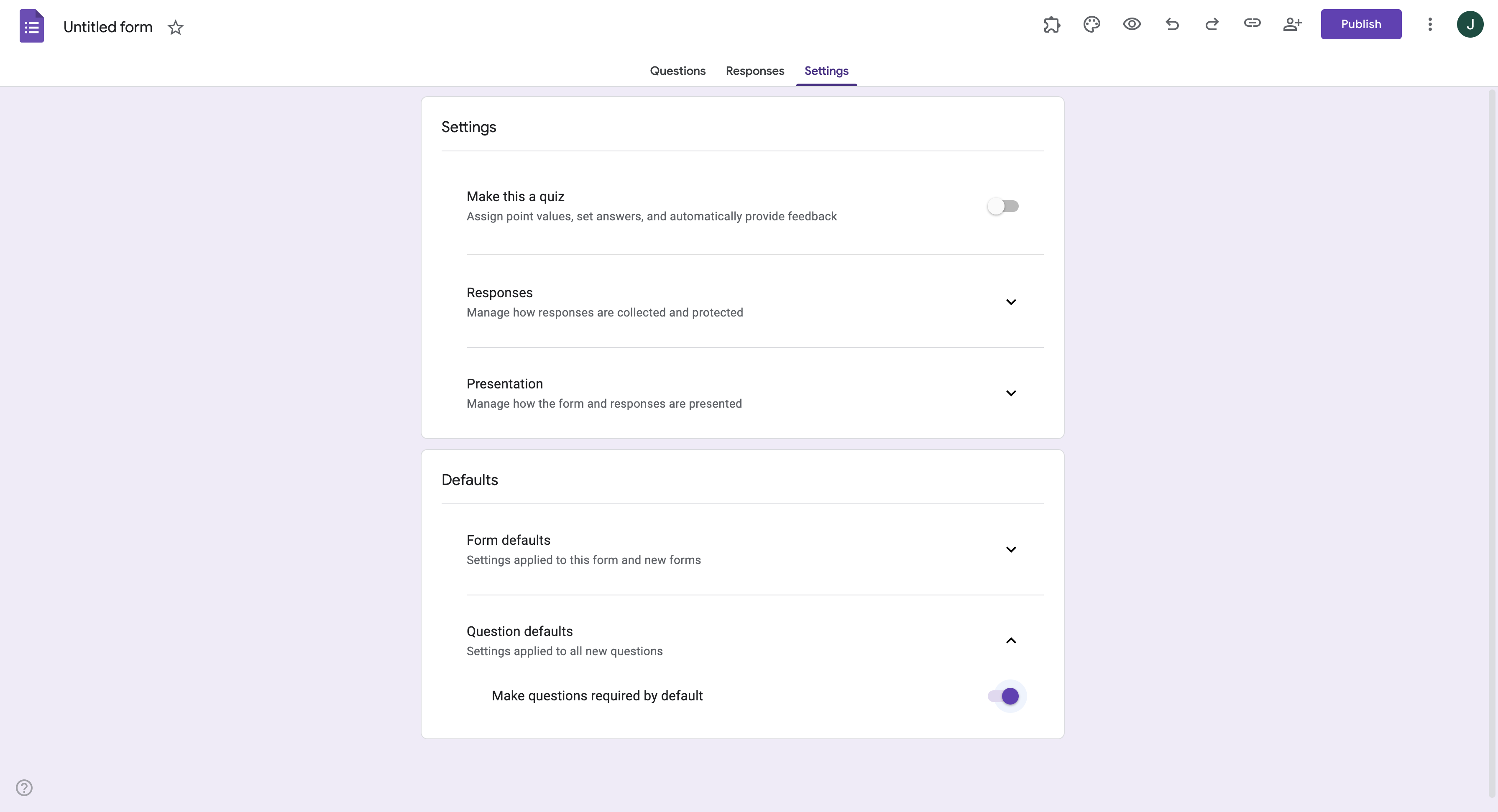 Toggling the Make questions required by default option to on in Google Forms