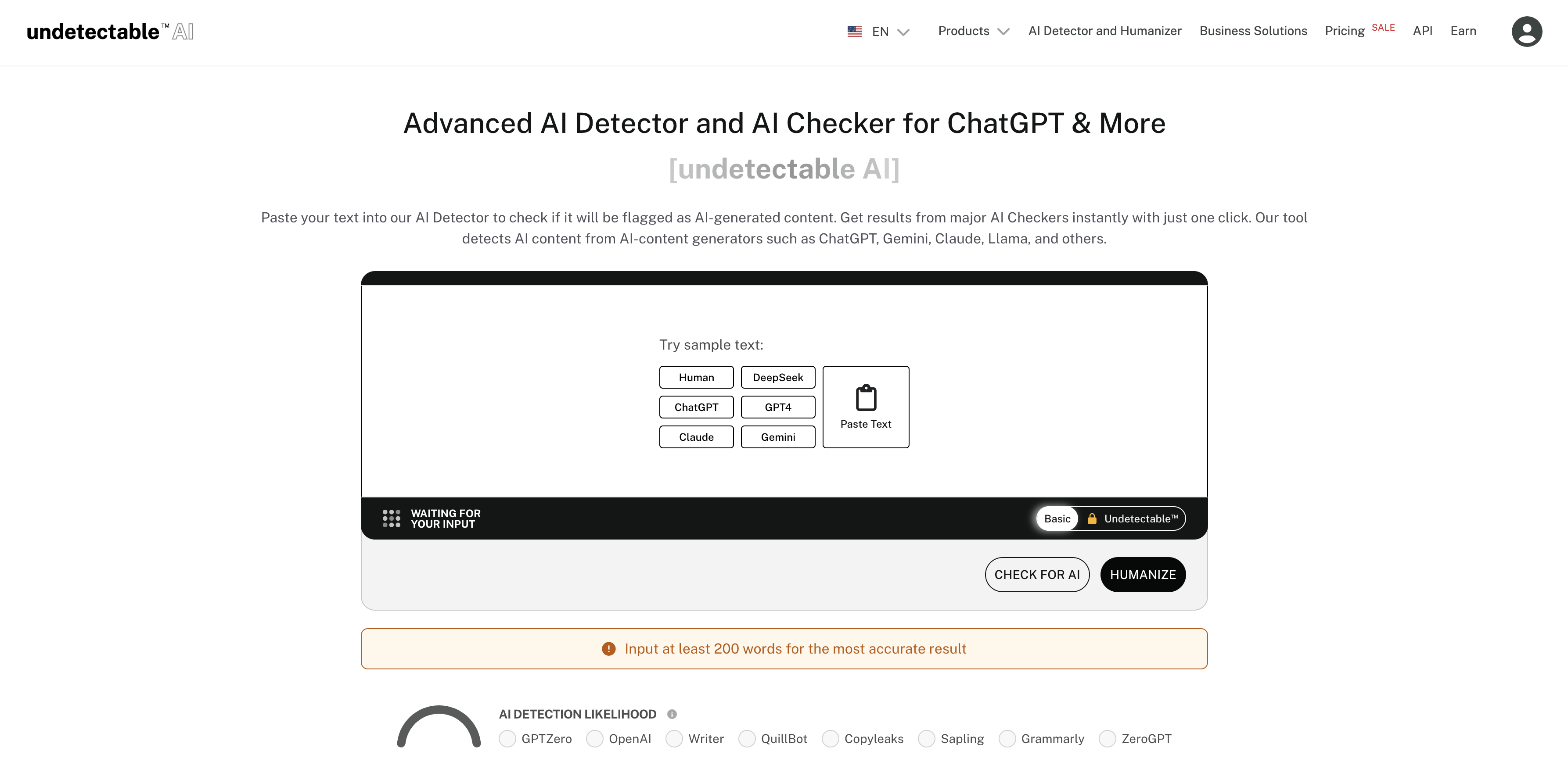 Undetectable AI landing page