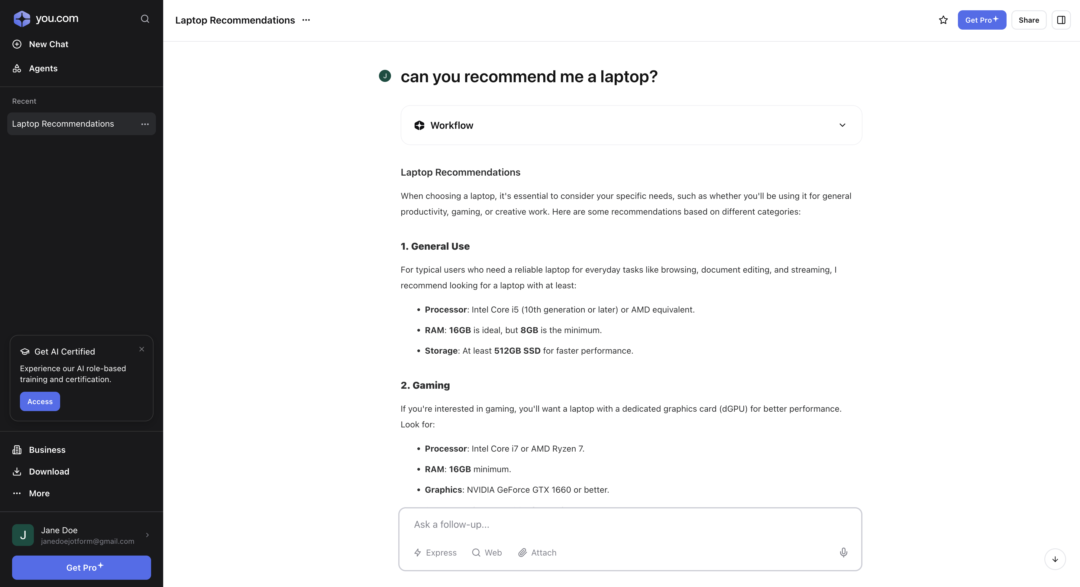 Capture d'écran de l'interface utilisateur de YouChat AI